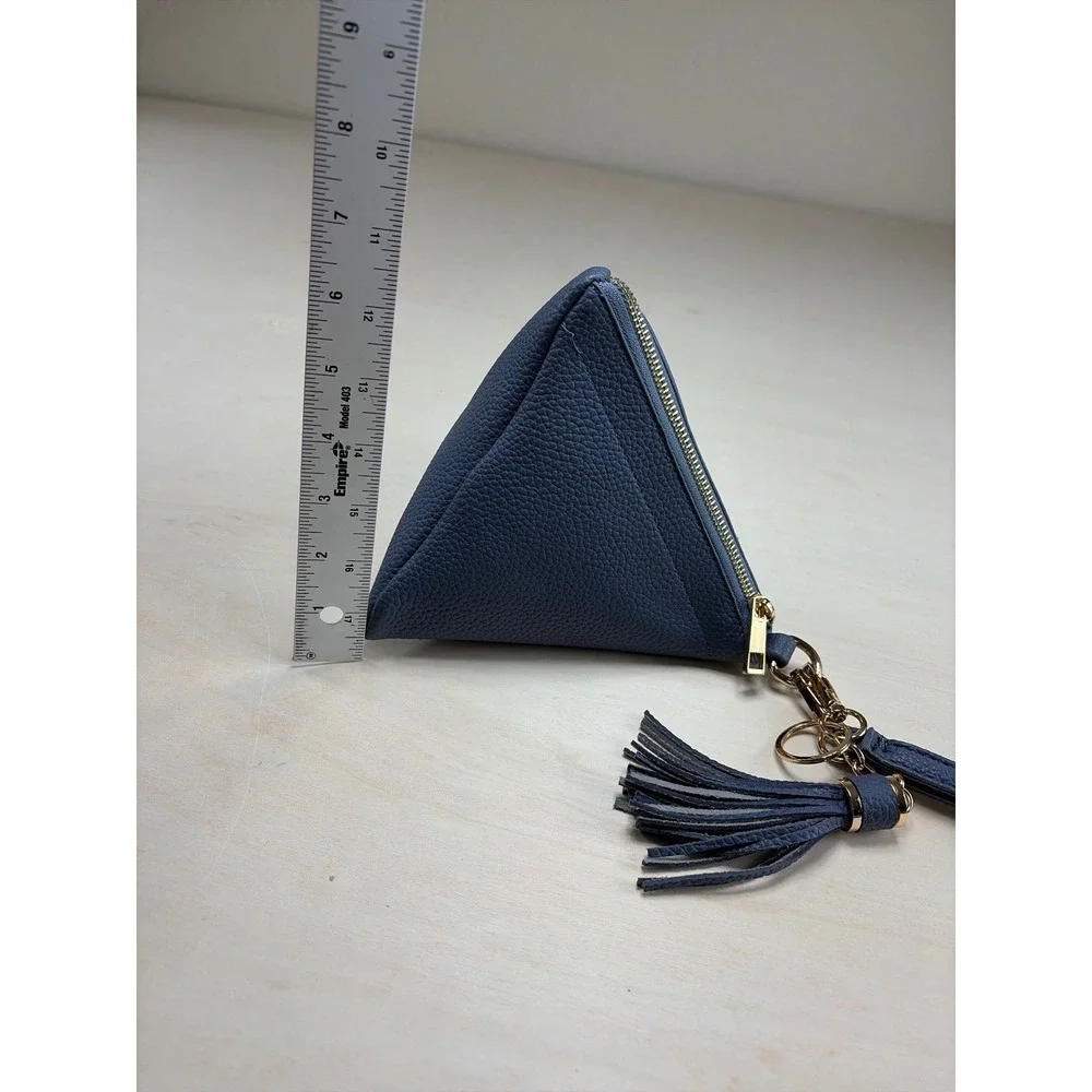 Blue Pyramid Geometric Wristlet Pouch Tassel Charm Pebble Faux Leather Clutch